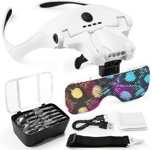 AUTOPkio Gafas Lupa con 4 Luz LED, USB Recargable Lentes de Aumento 5 Lentes 1.0X, 1.5X, 2.0X, 2.5X, 3.5X para Reparaciones, Coser, Joyería