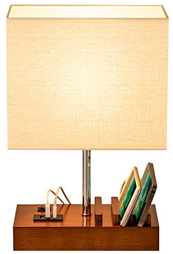 Dreamholder Tischlampe mit 3 USB A+C Anschlüssen, 3 Telefonständer, Moderne USB Nachttischlampe für Schlafzimmer, Wohnzimmer, Büro, Nachttischlampe mit Walnussholzsockel & Stoffschirm