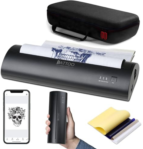 Atelics Impresora inalámbrica de transferencia de tatuajes, con 10 piezas de papel de transferencia, máquina fotocopiadora térmica portátil de transferencia de tatuajes para temporal y permanente,