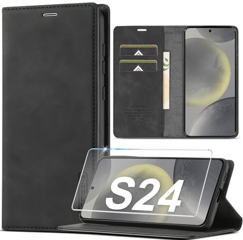 Ailicici für Samsung Galaxy S24 Hülle Leder [Mit Schutzfolie] Wallet RFID Blocker Handyhülle, Ledermaterial Kartenfach Klapphülle, Klappbar Ständer Flip Case, Stoßfeste Holster Cover Schutzhülle 5G/4G