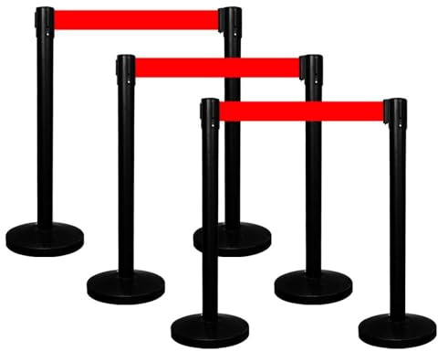 Queue Barrier with 3Meter Red Retractable Belt | Black Crowd Control Post with Weighted Base | 4-Way Connectable Stanchion with Powder-Coated Iron Finish for Queue Management & Events - 6Pcs
