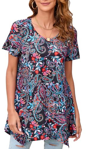Enmain Tunic Tops for Women UK Short Sleeve T-Shirt Summer Tunics for Leggings Plus Size Round Neck Ladies Casual Loose T Shirt Black Patterned Blouse Shirt Hanky Hem Swing Top XXL