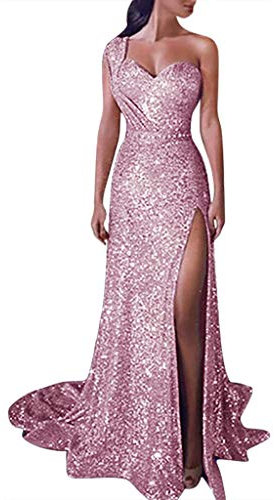 Abito da ballo lungo con spacco – abito da ballo da donna lungo principessa glitter – abito con glitter – abito da sera con scollo a V, Colore: rosa., XXXL