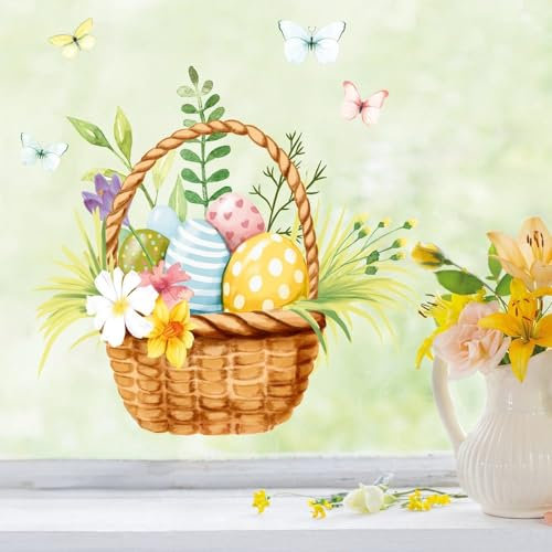 Fensterbild Frühling Ostern Ostereier Korb mit Schmetterlingen und Blumen Fensterdeko Kinderzimmer Kind Frühlingsdeko, 1. A4 Bogen