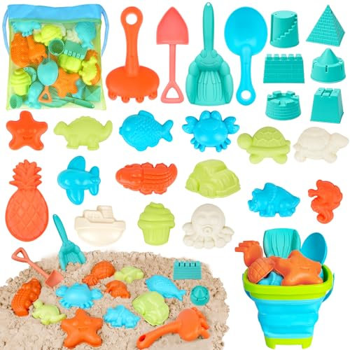sacemontic Sandspielzeug Junge Mädchen, 27 Stück Sandkasten Strand Spielzeug mit Sandförmchen,Eiscreme, Krabbe, Krake, Schildkröte,Gießkanne,Eimer, Schaufel,Schloss Sanspielzeugset ab 2 3 4 5 Jahr