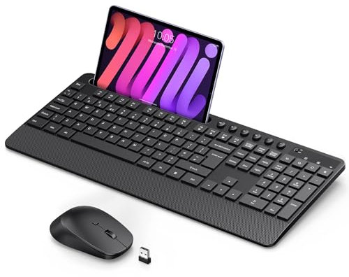 Wireless Keyboard and Mouse Set, 2.4G Cordless Ergonomic Full-Size Keyboard and Mouse Comb with Phone Holder, 10 Mutltimedia Shortcuts for Computer, Laptop, Desktop