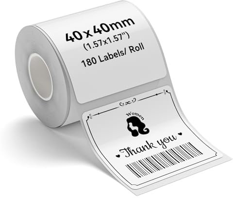 NIIMBOT B1 B21 B3S Etikett 1.57 x1.57(40 * 40), wasserfest, ölbeständig und reißfest Thermoaufkleber für Lebensmittel, Gläser, Adressen, Logos, 180 pro Rolle, weiß
