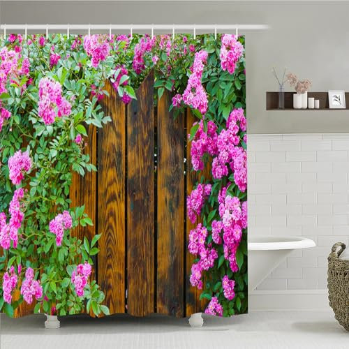 Simpomsy 3d Shower Curtain for Garden Scene Wood Fence Flowers, Garden Curtains Outdoor Nature Scenery Waterproof Cloth Fabric Bathroom Decor Set with Hooks 200x180cm