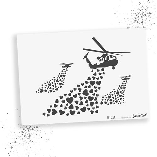 LaserCad Schablonen BANKSY Streetart (B128, Helicopter Hearts, DIN A6) Stencil für Graffiti, Airbrush, Kunst, Deko, zum Malen