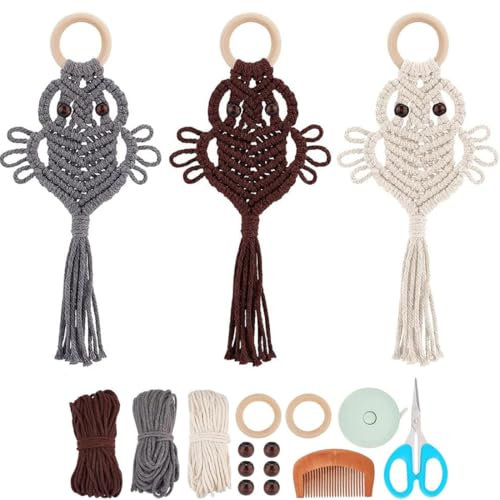 PLIGREAT 3 Set DIY Eule Makramee Kit Boho Eule Traumfänger Makramee Knoten Ornament Kit für Schlafzimmer Wohnzimmer Büro Wohnung Wandbehang Dekor Handarbeit für Anfänger Video enthalten