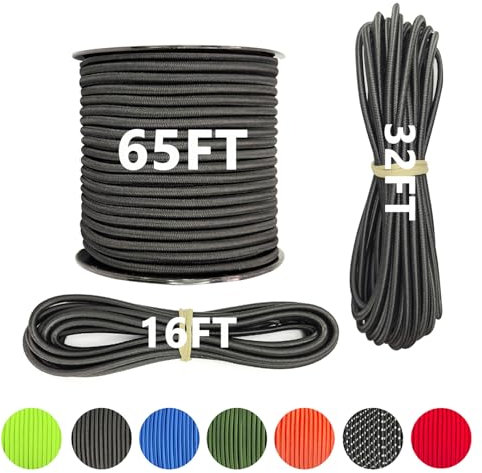 LUYADIN 3/16 x 65' Marine Grade Bungee Cord Elastic Shock Cord, Kayak Stretch String Rope, Heavy Duty Bungee Shock Cords for Repairing Tent Poles, DIY, Tie Downs (Black)