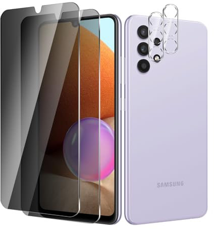 BIESHKJ 2+ 2Pack pour Samsung Galaxy A32 4G de Protection Verre Trempé Anti-Espion + Protecteur D'objectif D'appareil Photo, Dureté 9H Vitre, Compatible Avec Les Coques et Résistant Aux Rayures