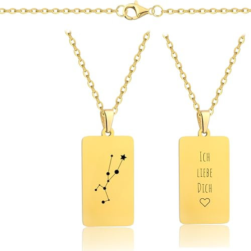 Lumari Gold Personalisierte Sternzeichen Halskette mit Gravur - Rechteck Medaillon Gold, Sternbilder Anhänger hypoallergen & langlebig – Geschenk für Damen & Herren, Partner & Familie