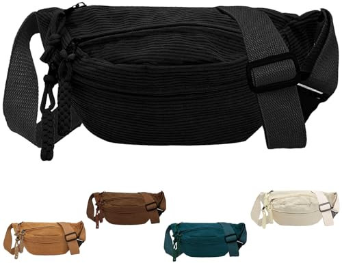 XIEXIESHER Sac Banane Velours Côtelé, Femme Velour Côtelé, Sac à bandoulière Sangle Réglable, Polyvalent pour Femme Homme pour Faire du Shopping, Voyager et Travailler(Noir)