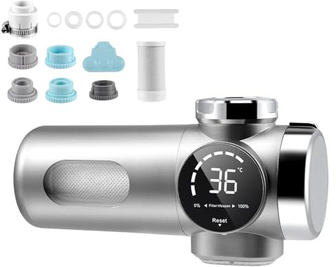 Water Filter Tap with 2 Filters, UV Sterilisation, 12-Stage Filtration, Temperature Display, 1L/min Flow Rate, Rated 1000L Total Capacity, Kitchen Sink Water Filter for Cooking, Baby Formula, Washing