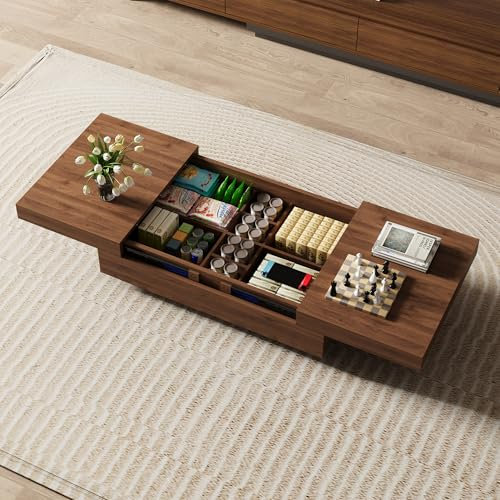 LumivoxNest Extendable Storage Coffee Table - Sliding Extension 120-208cm (47-82), Walnut MDF Top & Metal Frame, Modern British Design