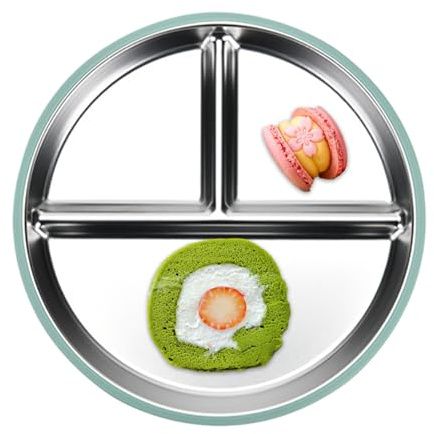 Jongyumo Edelstahl Kinderteller mit Silikon Saugnapf, 304 Rund Lebensmittel Teller Baby mit unterteilung, Mittagstisch, Spülmaschinenfest & Splitterfrei, Metallgerichte für Obst Fleisch