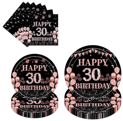 30th Birthday Party Tableware Women - 96 Pcs Black Rose Gold Decorations Party Paper Plates and Napkins Set Tableware for Her Girls Women Adults 30 Year Old Table Decor Supplies
