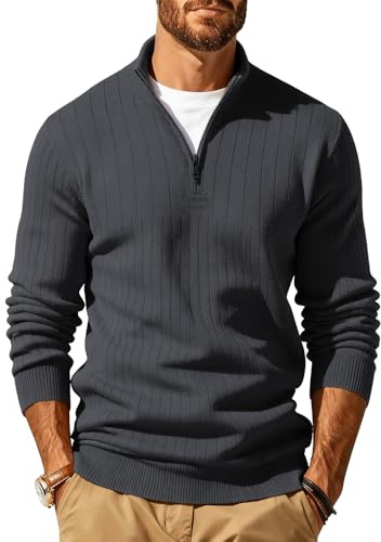 JFAN Uomo Maglione con Cerniera sul Collo in Maglia Maglione Pullover Maniche Lunghe Casual Caldo Invernale Grigio Scuro M
