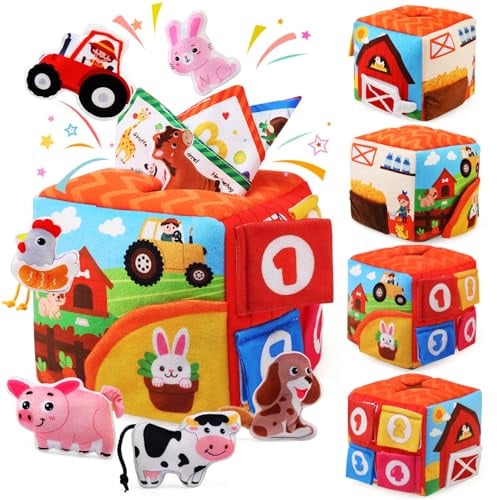LEADSTAR Baby Spielzeug 6 12 Monate,Montessori Tücherbox Baby Sensorik Spielzeug mit Tüchern, Spiegel, 7 Bauernhof Plüschtiere Set, Lernspiele Motorikspielzeug, Geschenk für Babyspielzeug 1 2 Jahre