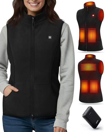 UNBON Chaleco Calefactable Mujer, Chaleco Calefactable Polar con Batería USB 10000mAh, Chaleco Térmico Eléctrico Calefactor con 3 Temperaturas 6 Zonas de Calefacción para Moto Caza Trabajo Negro XS