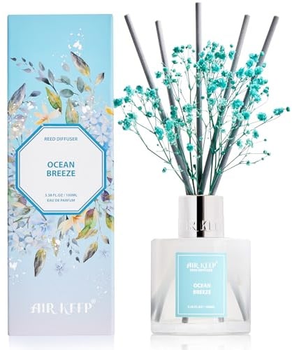 Airkeep Raumduft mit 8 Duftstäbchen 100ml, Ocean Breeze Langanhaltender Lufterfrischer, Natürlicher Duft, Deko für Badezimmer, Schlafzimmer, Wohnzimmer & Büro