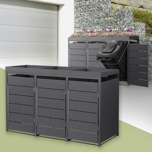 ML-Design Mülltonnenbox 3er mit Pflanzdach, Mülltonnenverkleidung für 3 Tonne, 240L, 196x80x124 cm, Anthrazit, aus Stahl, wetterfest, Müllbox mit Tür, Mülltonnecontainer Mülltonnenabdeckung Gerätebox