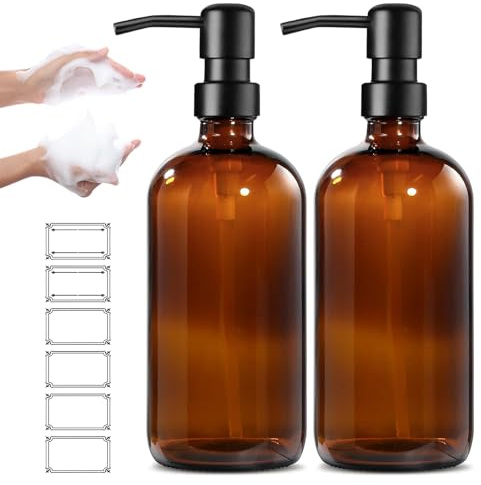 Amber Seifenspender Glas, 500ml Seifenspender Glas, 2 Stück seifenspender, Nachfüllbare glass Pumpflasche, Vintage Braune Glasflaschen mit Pumpe und Etiketten, für Küche, Bad
