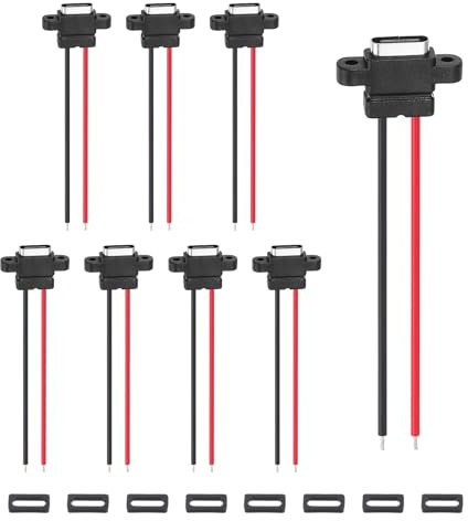 sourcing map 8Pcs Type-C Female Chassis Connector, 2 Pin Waterproof Pigtail Bare Wire Panel Mount Socket with Rubber Ring for DIY USB-C Charging Port Installation (Vertical Terminal)
