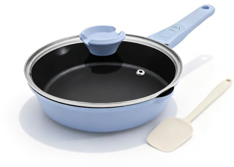 Bobikuke Poêle profonde antiadhésive de 20 cm, poêle à frire en aluminium anti-adhésif avec poignée amovible, sauteuse non toxique pour toutes les cuisinières, sans PFOA, anti-rayures, bleu