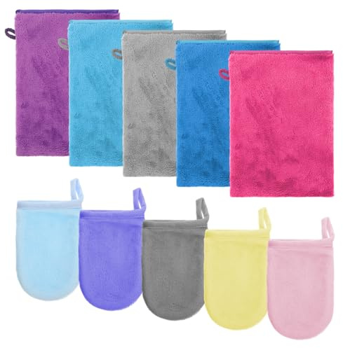 XLIUAX 10Piece Terry Wash Mitts, Microfiber Washcloths for Face and Body, Coral Fleece Soft, Absorbent, and Reusable Makeup Remover Gloves