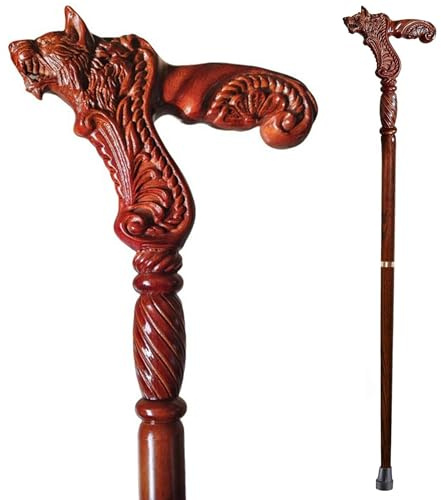 Gehstöcke, Holzstöcke für Männer – Gehstock aus rotbraunem Buchenholz mit Wolfskopf, abnehmbar, 90–95 cm, tragbarer Gehstock