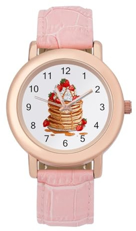 Pancakes with Strawberry Funny Women's Wrist Watch with Leather Strap | Stylish Slim Analog Display Quartz Watches for Women