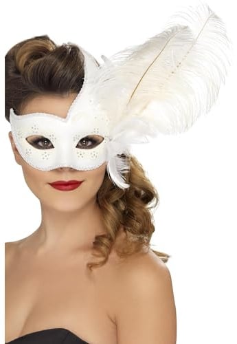 Smiffys Kunstvolle kolumbianische Augenmaske, Weiß, mit Feder Halloween