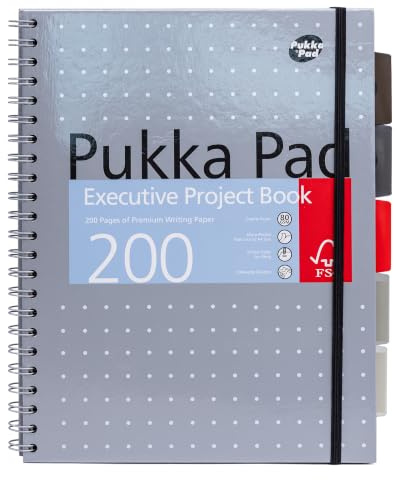 Pukka Pad, A4+ Metallic Executive Project Book – 22.5 x 29.6cm – 200 Page Hardback Wirebound Notebook with 8mm Lines and 80GSM Paper – Includes Repositionable Dividers with Pocket - 200 Pages, Silver