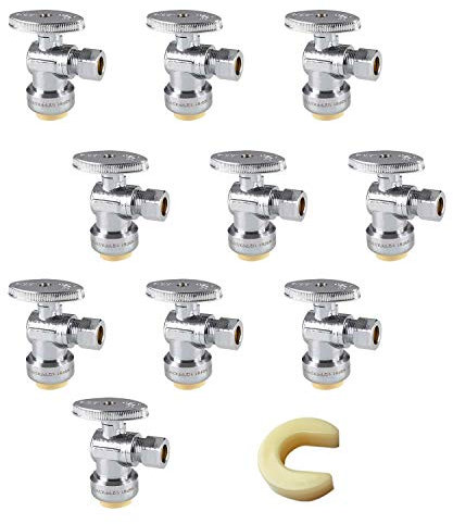 (Pack of 10) EFIELD Push Fit 1/4 Turn Angle Stop Valve Water Shut Off 1/2 Push x 3/8 Inch Compression Chrome with a Disconnect Clip,(PF-VALVE028-10PCS)