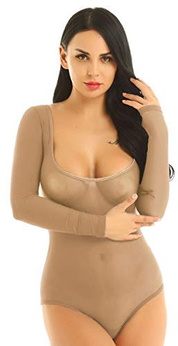 inhzoy Damen Transparent Bodysuit Langarm Mesh Overall Trikot Shirt Top Netz Teddy Dessous Frauen Einteiler Gymnastikanzug Sportbody Bauchtanz Tanzkostüm Nude One Size