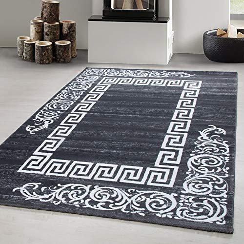 Carpetsale24 Kurzflor Teppich 80x300 cm, Modern Mäander Design in Grau Weiß, Pflegeleicht, ideal für Lange Flure, Eingangsbereiche oder Bettseiten