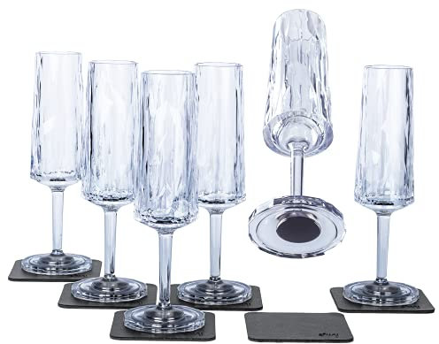 silwy® Hightech-Kunststoff-Magnet-Gläser inkl. Metall-Nano-Gel-Pads – rutschfeste Campinggläser, Boot- und Yachtzubehör (Sekt // 0,15 l // 6er Set)