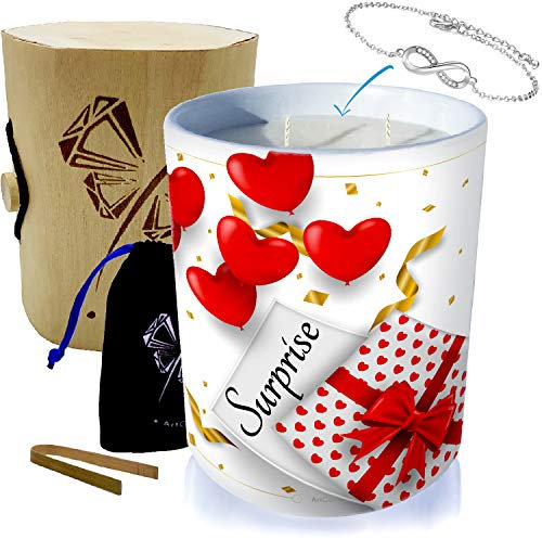 ArtGosse - Überraschungs-Kerze mit Schmuck Monoï Duft aus Tahiti - Schmuckstück mit Swarovski®-Kristallen verziert - Duftkerze 60 Stunden Brennzeit - Geschenkbox aus Holz - Infinity Armband Silber