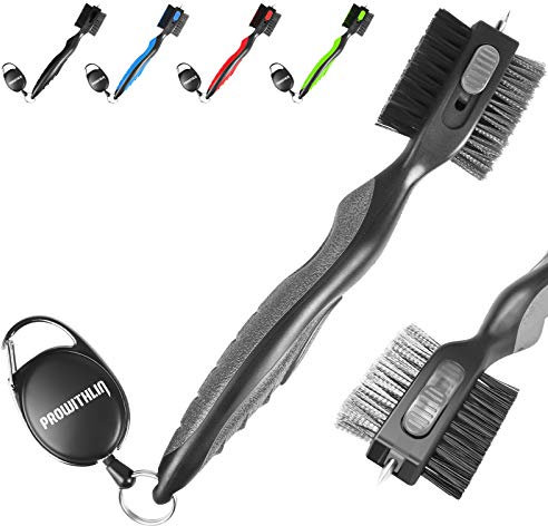 prowithlin Golf Club Cleaner and Brush 2 in 1, Retractable Zip-line Metal Buckle & Sharp Pick, Oversized Brush Head Wire Bristles (Grey)