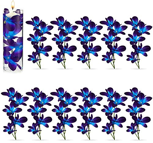 Blaue lila künstliche Blumen blaue Orchidee Blumenvase Füllstoffe Faux lila Orchidee Hochzeit Tischdekoration Füllung für Schwimmkerzen Hochzeit Geburtstag Party Tischdekorationen (16 Stück)