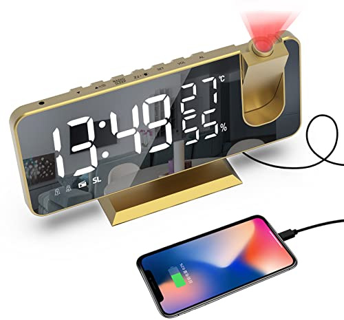 Digitaler Projektionswecker für Schlafzimmer, Radiowecker an der Decke, USB-Ladeanschluss, Temperatur- und Feuchtigkeitsanzeige, 18,5 cm großes Spiegel-LED-Display, 12/24 Stunden, Schlummerfunktion,