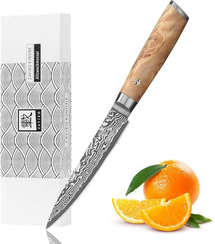 zayiko Kinone Damast Allzweckmesser – 12 cm Klinge aus 67 Lagen VG10 Damaststahl, Birkenwurzelholzgriff, 60±2 HRC, extrem scharfes Küchenmesser für Köche in Geschenkbox
