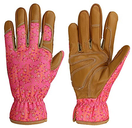 OLSON DEEPAK Leder Gartenhandschuhe für Damen Dornenfest- Arbeitshandschuhe zum Jäten, Graben, Pflanzen, Harken, Beschneiden und Gartenarbeit (Pink)