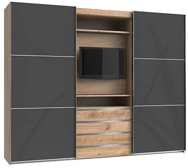 Froschkönig24 magicGlas Schwebetürenschrank Schiebetürenschrank mit TV-Element Plankeneiche/Grau, Höhe in cm:236 cm, Schließdämpfung:ohne Schließdämpfung