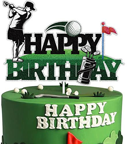 Golf Happy Birthday Cake Topper Black Green Golf Ball Player Cake Decorations Sport Themed Bday Party Supplies for Boys Kids Man Fathers
