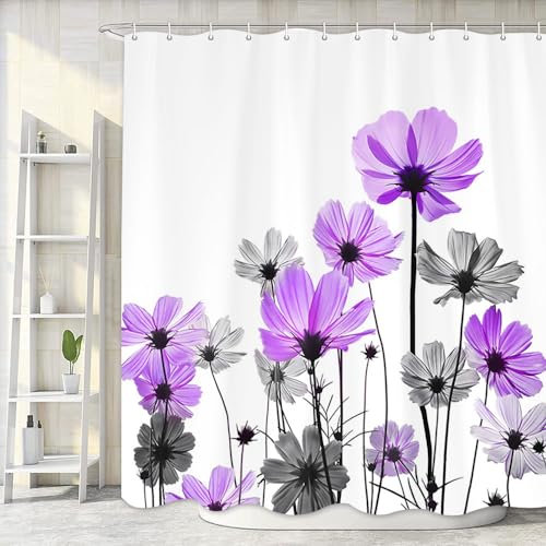 Violetter Duschvorhang, rustikal, elegant, floral, lila und grau, Gänseblümchen-Badezimmervorhänge, niedliches Wildblumen-Design, Bauernhaus-Pflanzen, grauer Duschvorhang mit Haken, 183 x 183 cm