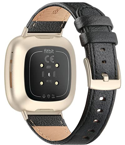 Tuocal Armband aus echtem Leder, kompatibel mit Fitbit Versa 3/Sense, für Damen und Herren, Schwarz, Schnalle in Roségold