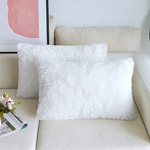 NordECO HOME 2er Set kissenbezüge 30x50 cm Kissen Weiß Künstlich Pelz Fellkissen Dekorative Deko Kissen Kuschelkissen Flauschig Sofakissen Weich Plüschkissen für Sofa